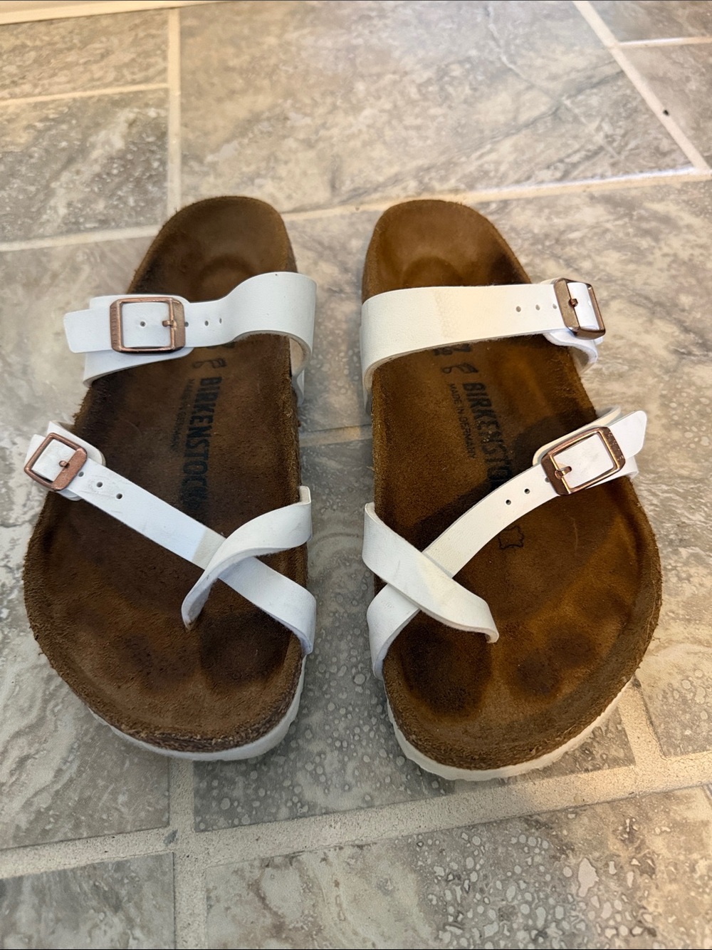 Birkenstock Mayari White Triple-Strap Kids Sandals with Rose-Gold Buckles